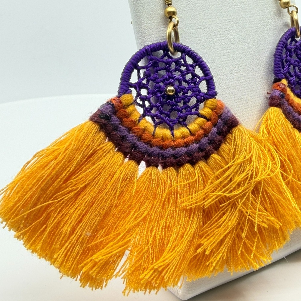 VTG Boho Dreamcatcher Tassel Dangle Earrings - Yellow & Purple Chic - Picture 7 of 10